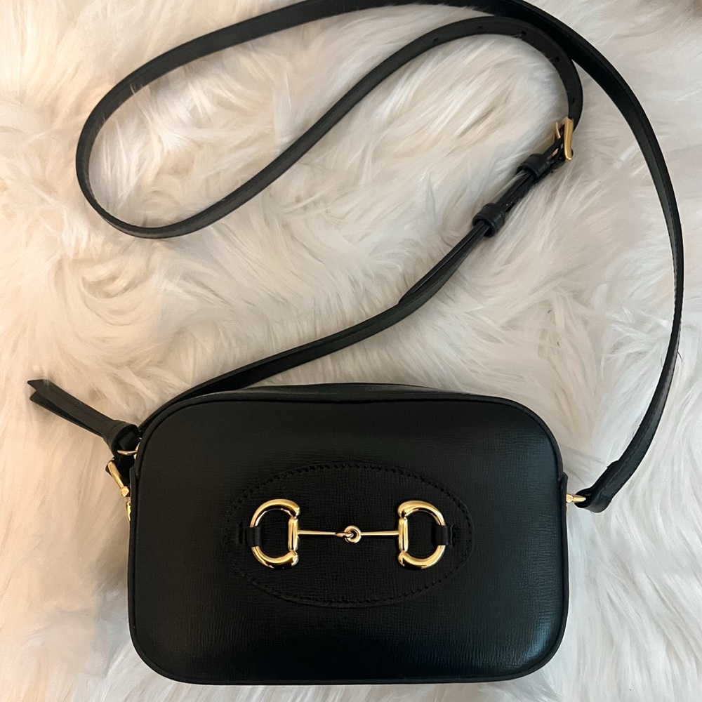BLACK LEATHER GUCCI HORSEBIT 1955 SMALL CAMERA BAG